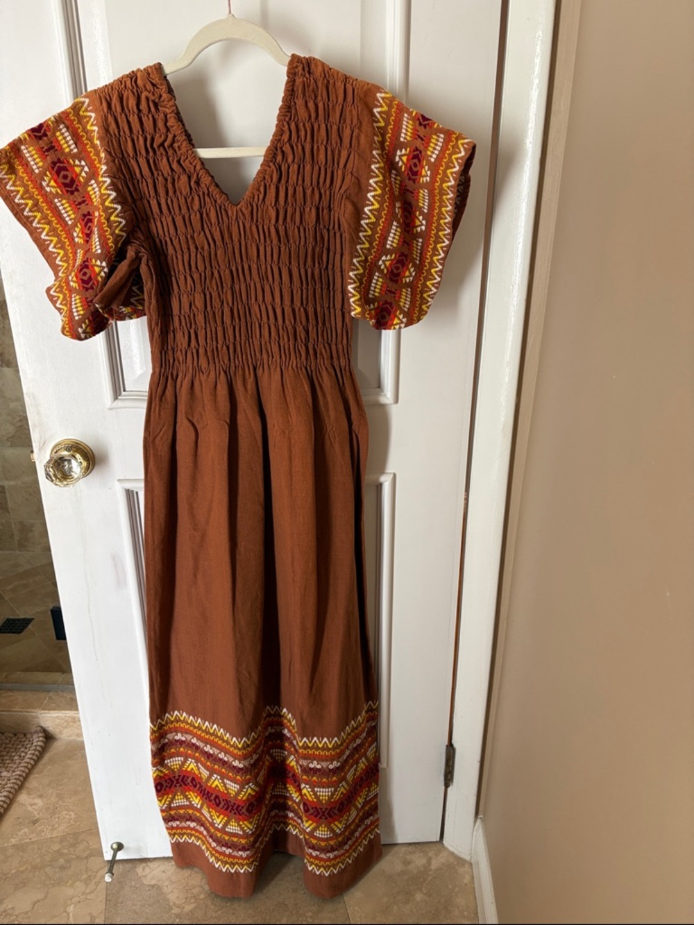 Rust Brown Smocked Boho Dress with Embroidered Detail
